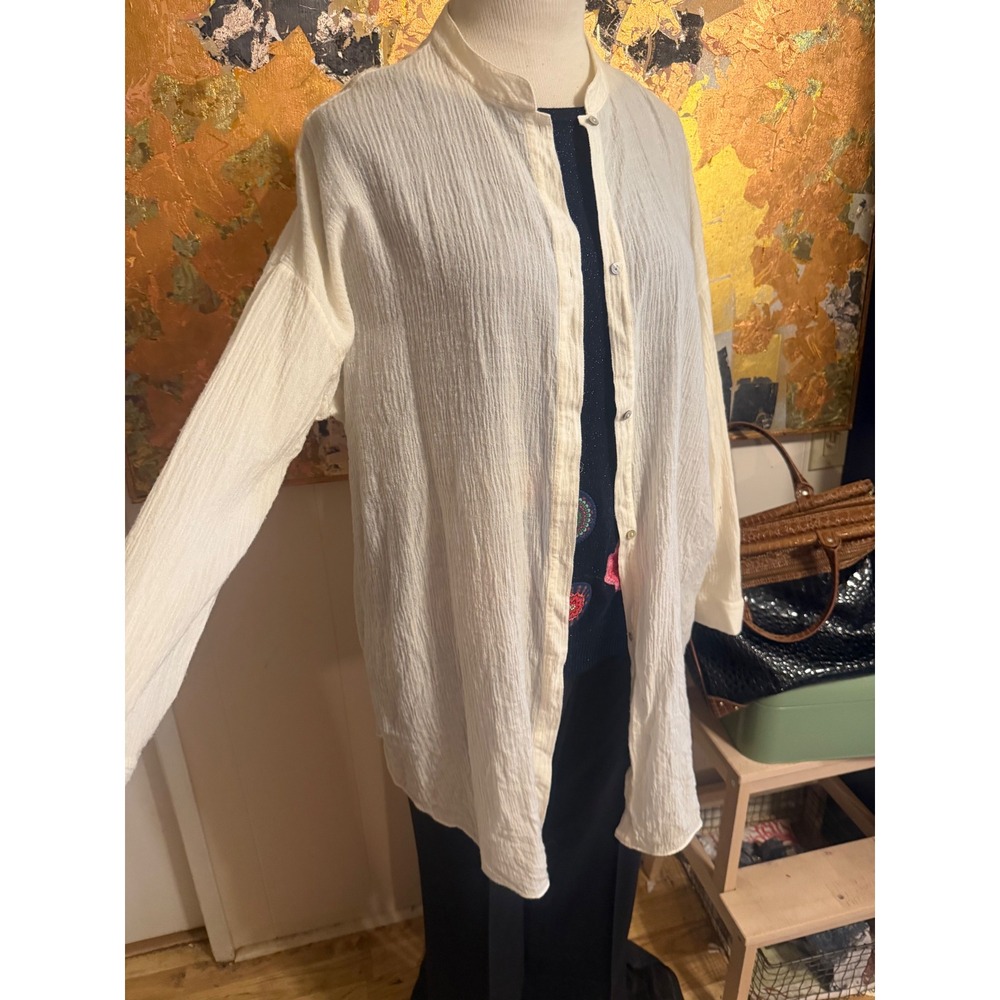Eileen Fisher Off White Organic Linen Semi Sheer Big Shirt Topper Size Large
